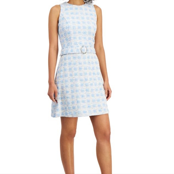 Taylor Light Blue and White  Tweed Belted Mini Dress Sz 6 NWT - Picture 1 of 10